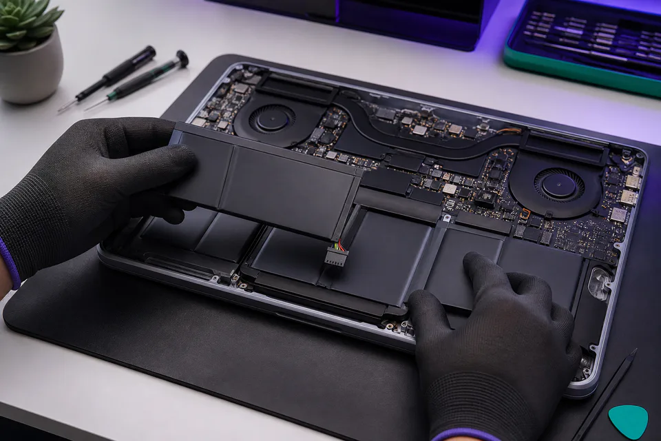 Technician safely replacing the internal battery in an opened laptop