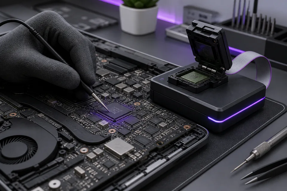 Close-up BIOS chip diagnosis on a laptop motherboard with a precision programmer
