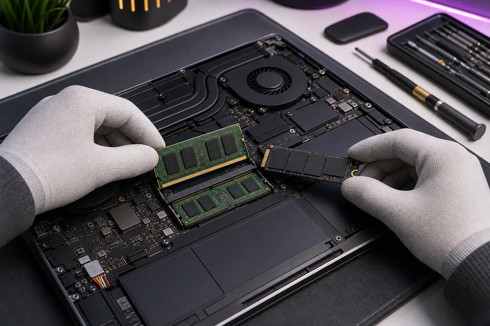 RAM and NVMe SSD being installed as a laptop performance upgrade