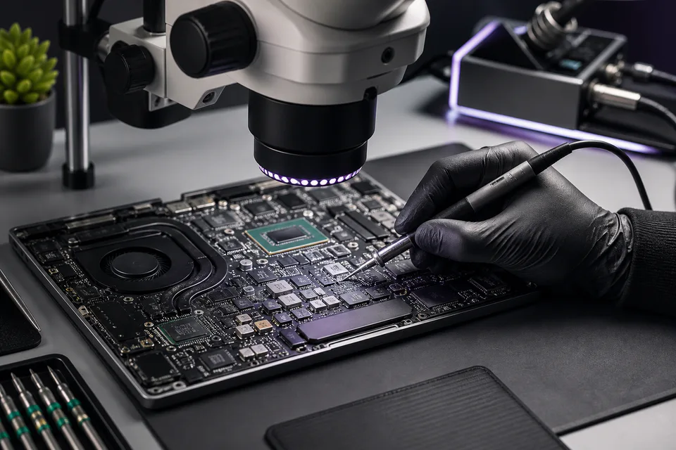 Laptop motherboard receiving precision board-level repair under a microscope