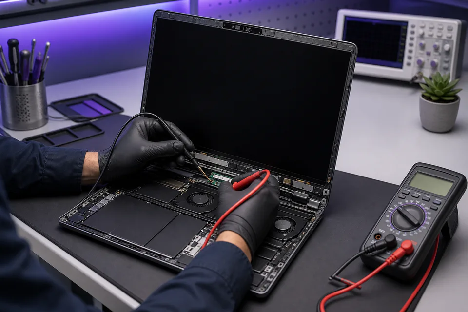 Technician diagnosing a laptop with a black display using professional testing equipment