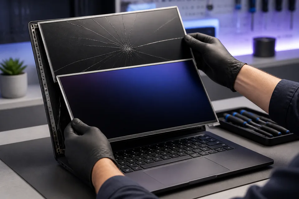 Technician carefully replacing a cracked laptop display panel